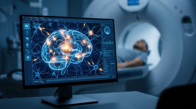 Advanced neuroimaging technology displaying a medical brain scan on a computer screen.