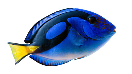 Vibrant blue regal tang fish with black markings and yellow tail fin © Sylas