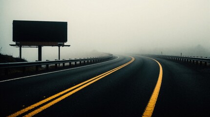 Obraz premium Dark blank billboard stands by empty highway in thick fog. Wet asphalt road with yellow lines curves through misty landscape. Lonely route under overcast sky creates moody atmosphere for travel