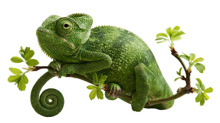 Bright green chameleon perched on a thin branch with small fresh leaves © Sylas