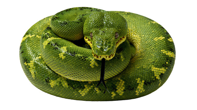 Coiled green emerald tree boa snake with yellow scales and black forked tongue