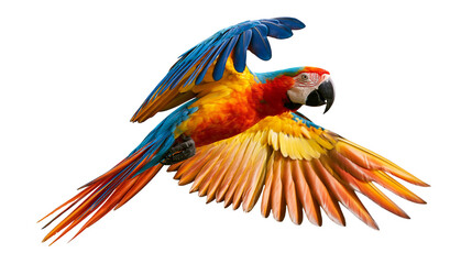 Vibrant scarlet macaw parrot in flight with colorful wings spread wide © Sylas