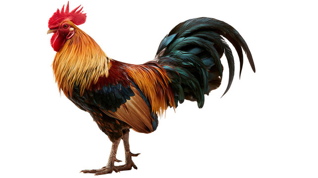Colorful rooster with vibrant orange neck feathers and iridescent black tail