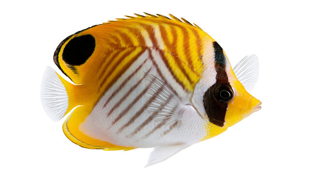 Threadfin butterflyfish with yellow and white striped pattern and black eye spot