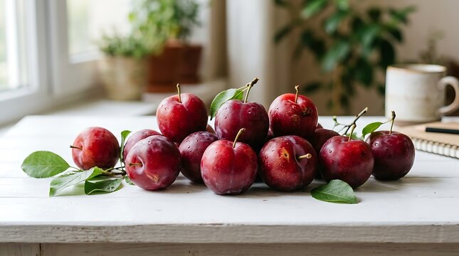 Fresh red plums on a white wooden table in a bright room