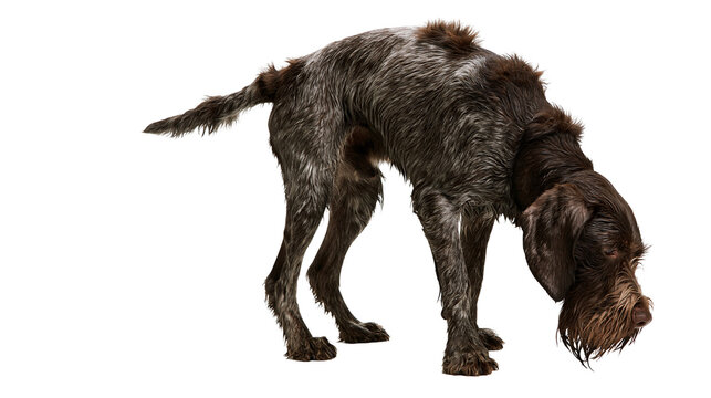 German Wirehaired Pointer dog standing and looking down with brown roan fur