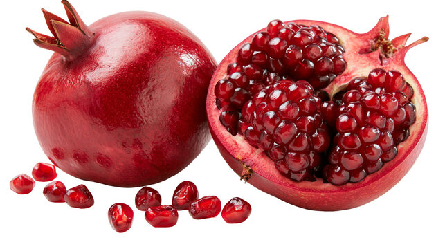 Whole and halved ripe red pomegranate fruit with scattered juicy arils