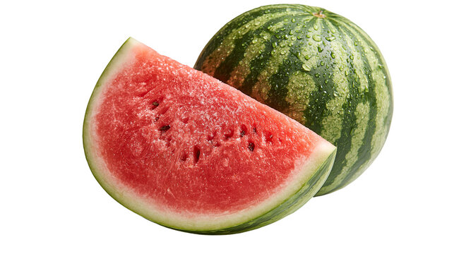Whole watermelon with water droplets and a fresh triangular slice showing red pulp