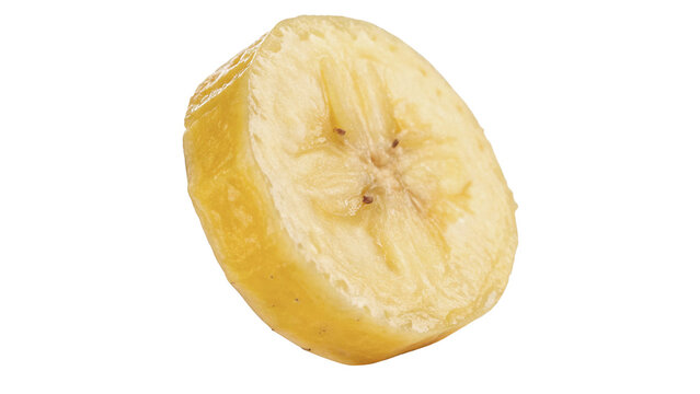 Single round slice of fresh organic ripe banana fruit isolated on transparent background png