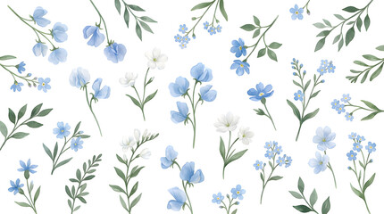 Fototapeta premium Beautiful watercolor floral pattern featuring delicate blue and white wildflowers with green leaves arranged in a lovely botanical composition on transparent background