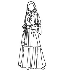Obraz premium Muslim Woman Wearing Syari Hijab and Abaya Vector Illustration, Elegant Hijabi Girl in Modest Pastel Outfit Line Art Illustration, Modern Muslimah Character in Syari Outfit Vector Flat Design