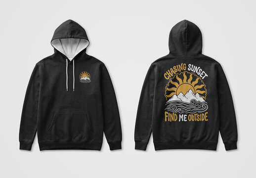 Front and Back Black Hoodies Mockup Isolated on Clean White