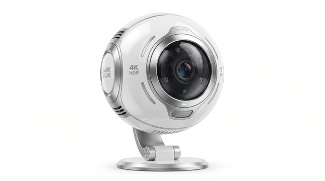 Modern white 360 panoramic security camera with wide fisheye lens isolated on white background, smart surveillance equipment concept.