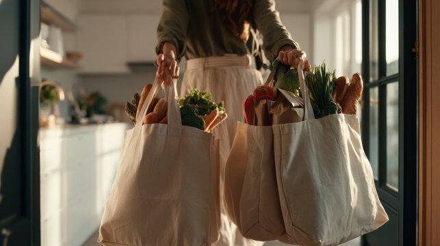 Woman carrying reusable canvas bags filled with fresh groceries at