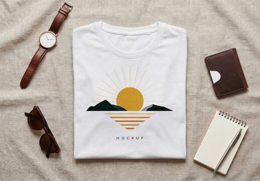 Folded T-shirt on Linen Fabric with Men Accessories Mockup