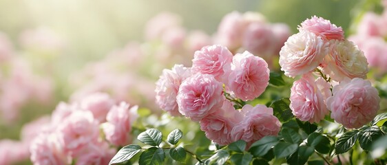 Naklejka premium Cluster of blooming pink roses with green leaves in a garden