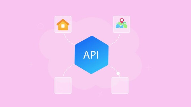 Flat vector animation showing an AI hub connected to home, location, settings, and database icons for smart technology, data management, and digital services.
