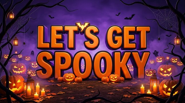 Halloween Lets Get Spooky typography with pumpkins and lanterns