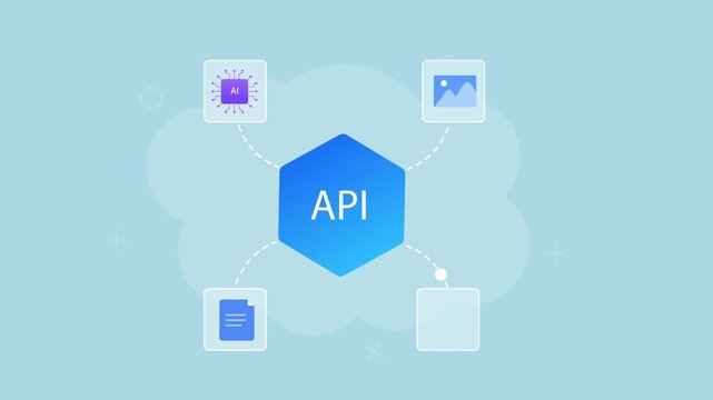Flat vector animation showing an AI hub connected to image, document, and database icons for data integration, automation, and digital workflows.