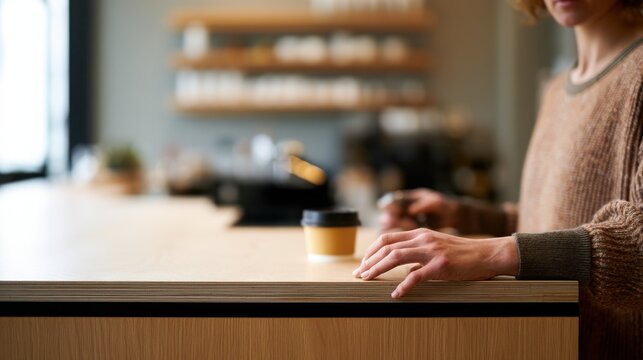 Woman ordering coffee at a minimalist cafe counter with copy space