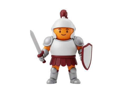 A cheerful cartoon Roman soldier in armor holding a sword and shield isolated on transparent background