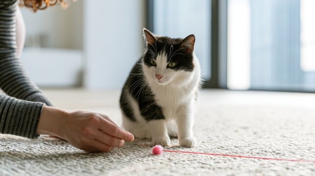 Woman playing with a domestic cat using a small toy on a carpeted