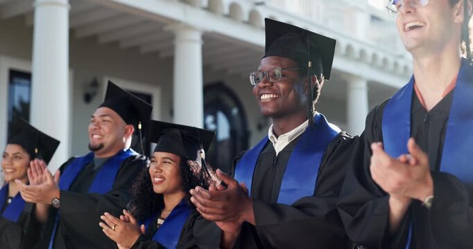 Smile, man and student applause for graduation ceremony, valedictorian speech or degree completion. Happy, class or clapping at campus event for PHD celebration, college graduate or classmate support
