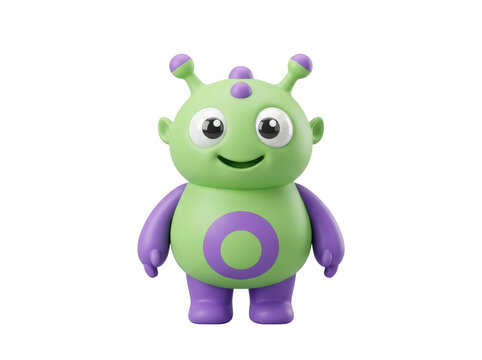 A cheerful green alien with purple accents and three antennae standing against a transparent background