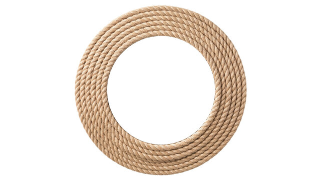 Nautical rope frame with circular design, rustic jute cord border for maritime decor, round hemp rope coil for coastal graphic design isolated PNG with Transparent Background