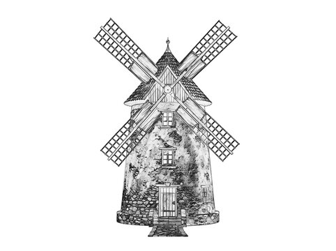 Vintage Windmill Sketch Illustration, Historic Stone Wind Mill Drawing, Black and White Traditional Flour Mill Graphic isolated PNG with Transparent Background
