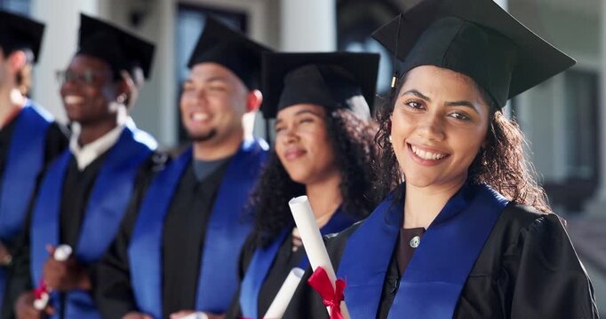 Graduation, face or woman on campus with diploma, academic success or pride at college farewell. University, happy or student with laugh, accomplishment or educational achievement at degree ceremony.