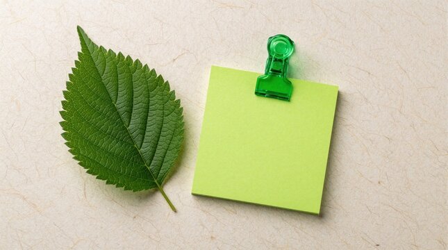 Green leaf lies next to lime sticky note on beige paper background. Translucent green clip holds empty memo pad. Organic plant element, stationery items for office work, school supplies, eco friendly