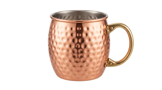 Hammered copper mug for Moscow Mule cocktails, vintage style copper plated drinking cup with brass handle, rustic metal barware for cold beverages isolated PNG with Transparent Background