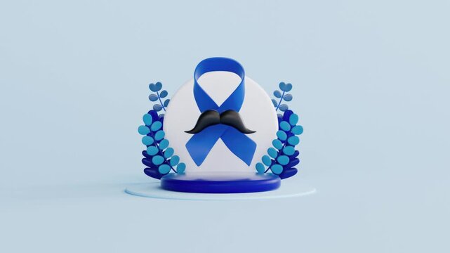 Blue ribbon and a mustache on a podium, symbolizing men's health awareness and the fight against prostate cancer during the month of november. 3d animation