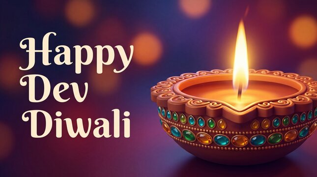 Happy dev diwali greeting card showcasing a brightly lit ornate clay diya oil lamp with colorful jewels on a dark purple bokeh background for kartik purnima ... See More