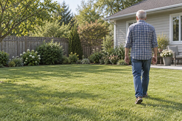 Fototapeta premium Older man walking beside a home seen from behind