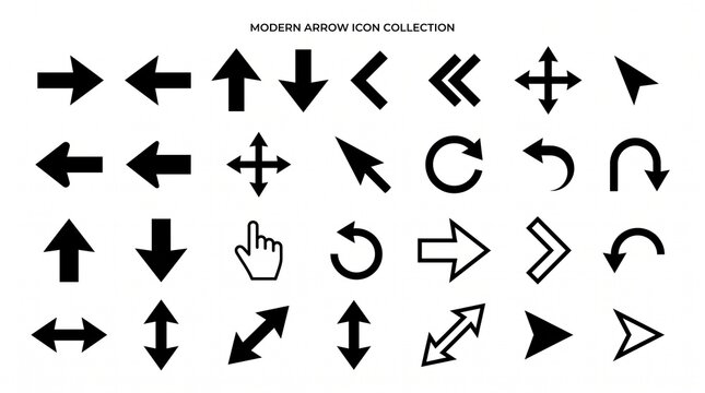 Black arrow icon collection featuring bold arrows, chevrons, pointers, navigation symbols, curved arrows, outlined designs, directional shapes, modern vector graphics, isolated on white background.