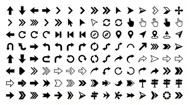 Black arrow icon collection featuring bold arrows, chevrons, pointers, navigation symbols, curved arrows, outlined designs, directional shapes, modern vector graphics, isolated on white background.
