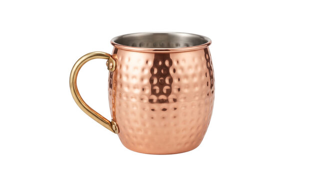 Hammered copper mug for Moscow Mule cocktails, vintage metallic drinkware with brass handle, rustic copper cup for cold beverages and bar service isolated PNG with Transparent Background
