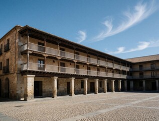 Fototapeta premium Traditional Plaza Mayor in Spain features old stone buildings with long wooden balconies. Historic architecture shows multi level galleries above cobblestone square under blue sky. Ancient provincial