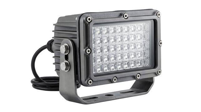 Industrial LED flood light isolated on white, heavy duty waterproof searchlight fixture, outdoor lighting equipment
