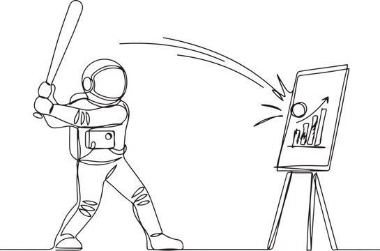 Single one line drawing young astronaut preparing to hit the big flip chart. Rampage. Destroy business reports that are not as desired. Anger exploded. one line Icon drawing