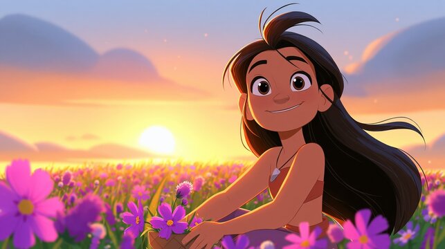Young person smiles joyfully amidst a field of vibrant flowers during a golden sunset.