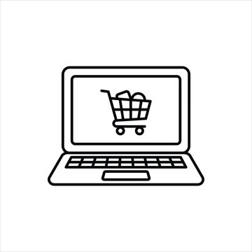 Laptop with shopping cart symbol on screen during online shopping concept isolated on white background