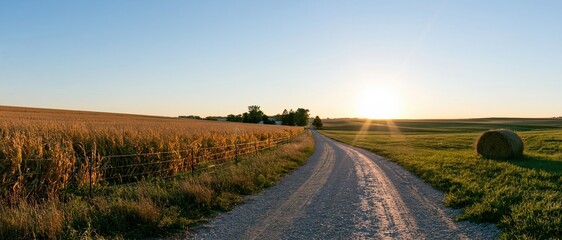 Obraz premium Gravel road winding through cornfield and pasture at sunset