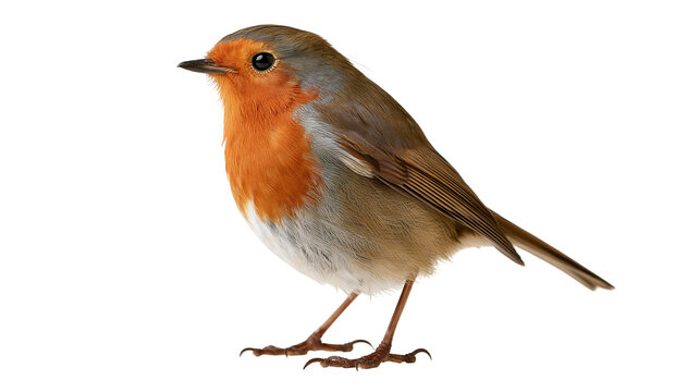European Robin bird with orange breast and brown feathers standing in profile