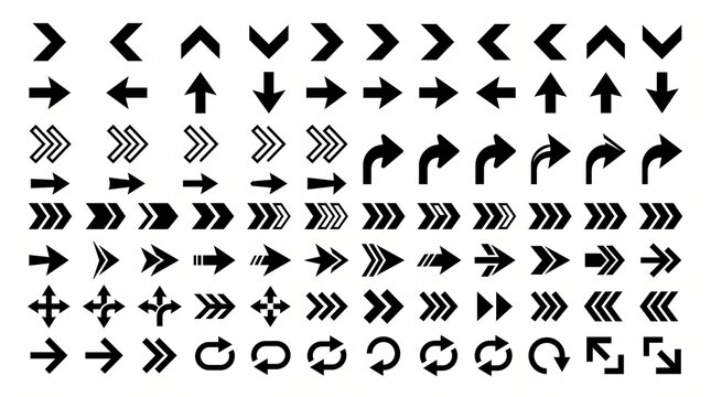 Black arrow and chevron symbols arranged in rows, bold geometric shapes, directional navigation elements, multiple styles, clean vector design, isolated on white background.