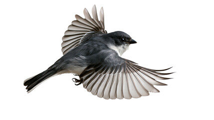 Small black and white chickadee bird in flight with wings spread wide © Rowan
