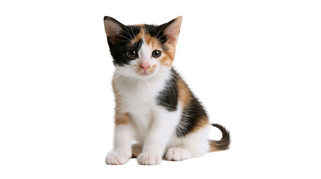 Small calico kitten with black orange and white fur sitting and looking forward