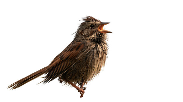 Small brown song sparrow with ruffled feathers and open beak singing